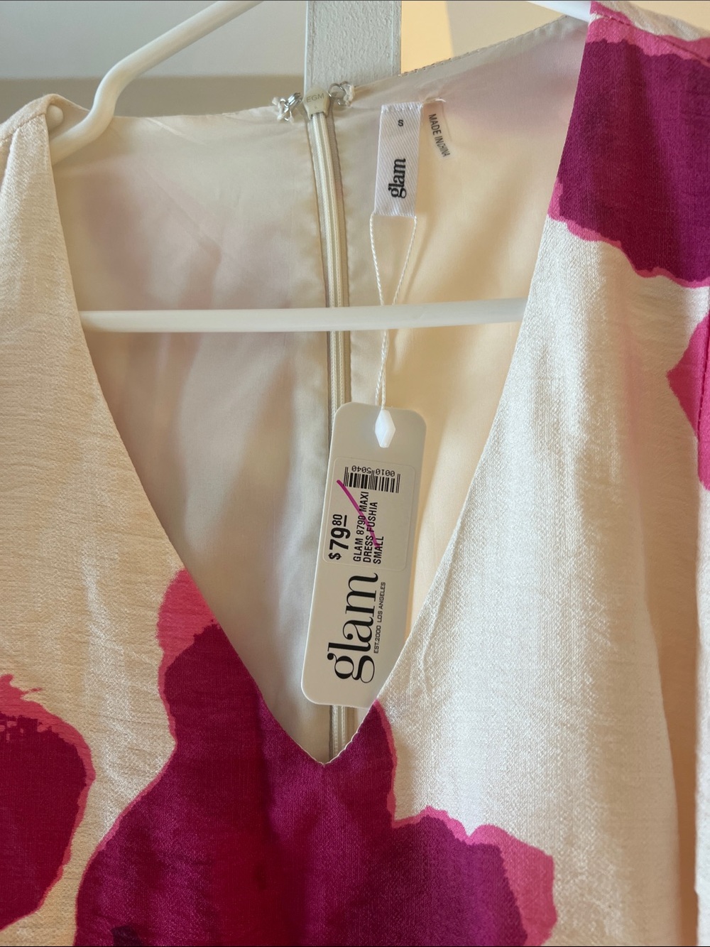 White Midi Dress with Bold Magenta Floral Print - Picture 3 of 6